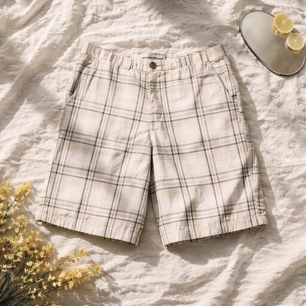 Weatherproof Mens‎ Plaid Shorts Size 32 Tan Blue White Cotton Flat Front Casual